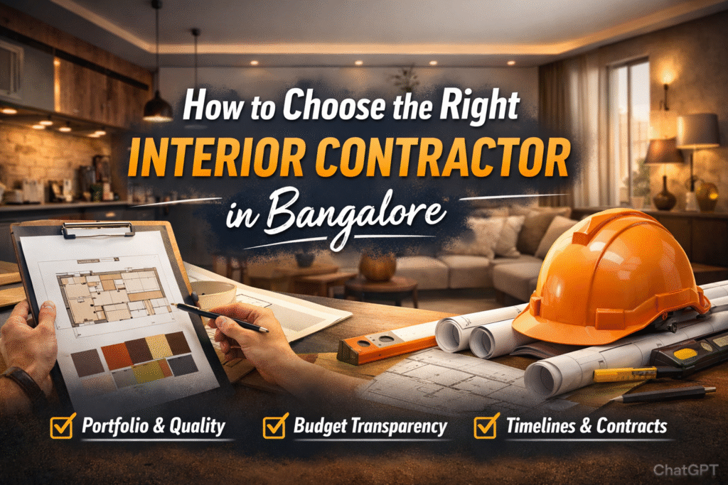 Interior contractor selection guide in Bangalore featuring construction helmet, blueprints, floor plan clipboard, and modern living room background.