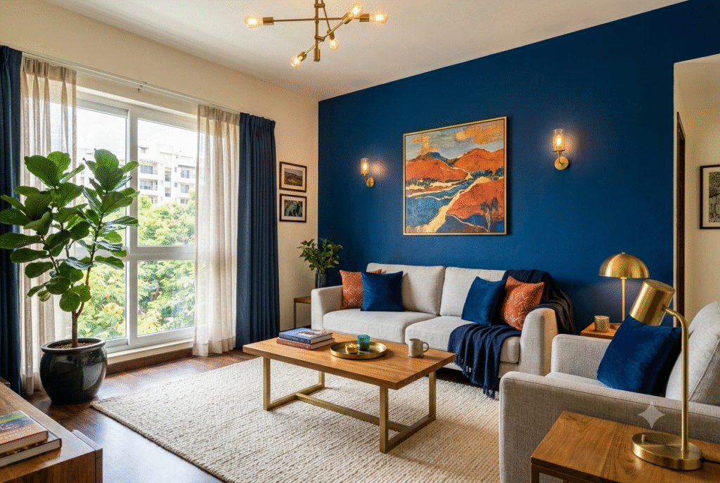 Bold jewel-tone living room with deep sapphire feature wall and coordinated accent colours