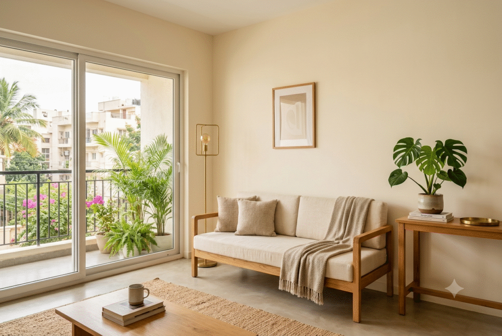 Warm minimalism living room with cream walls, natural wood, and soft lighting