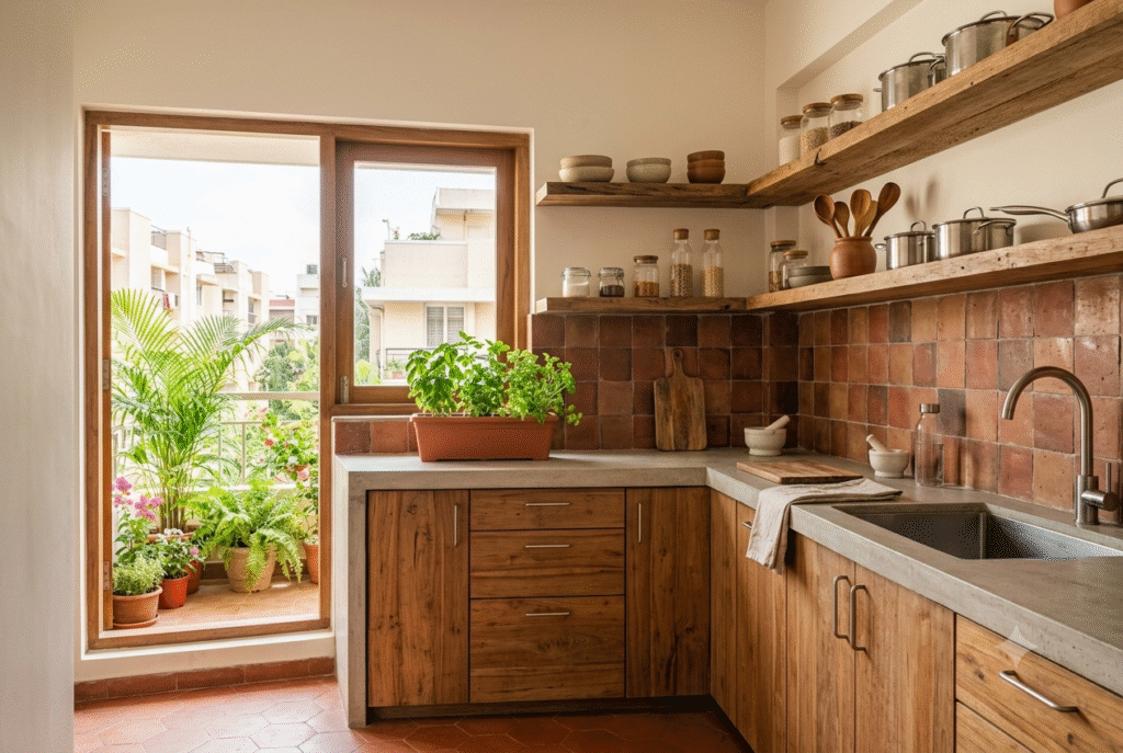 Sustainable kitchen with reclaimed wood, stone counters, handmade tiles, and natural materials