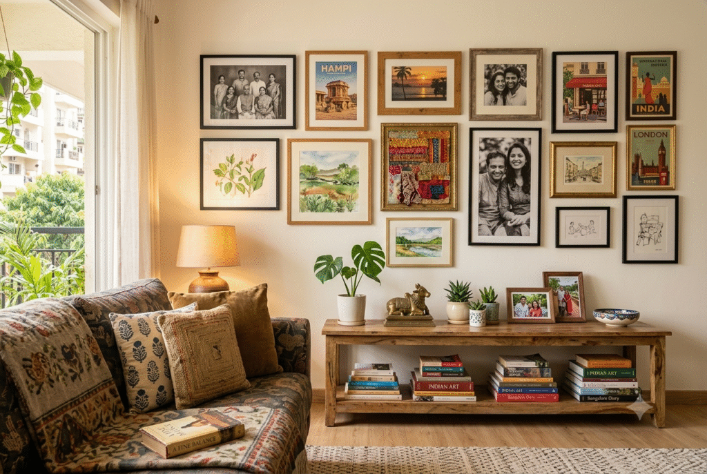 Personalised living room with gallery wall, curated objects, and layered textiles