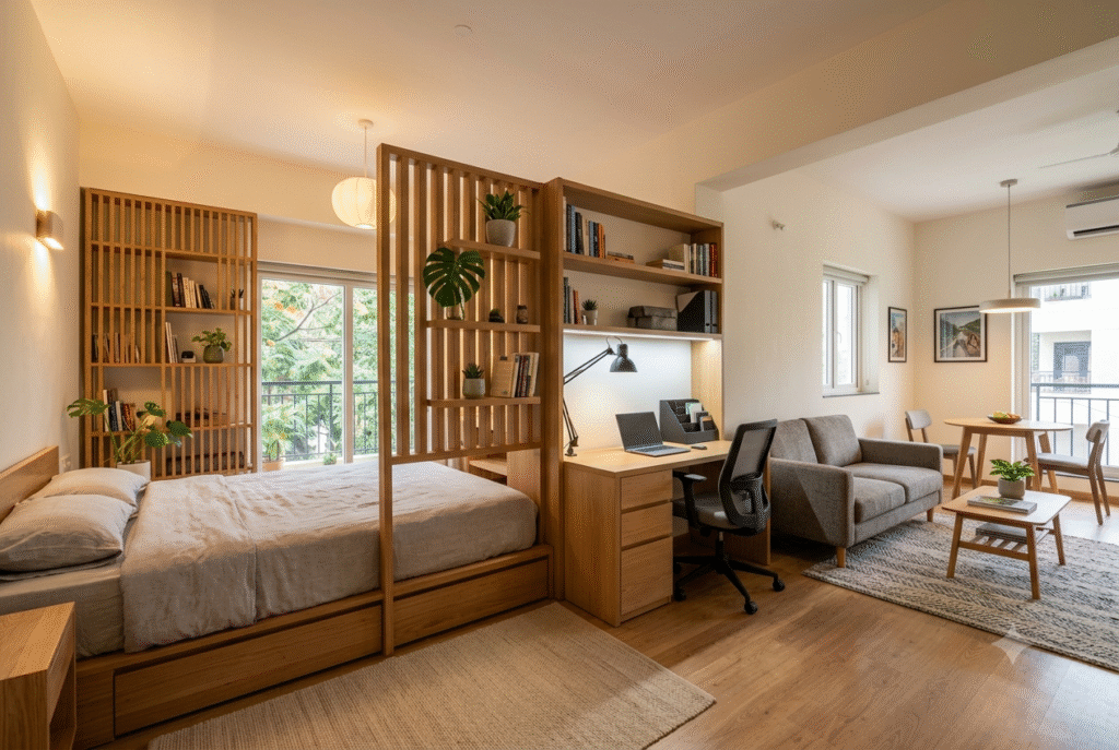 Multi-functional studio apartment with distinct zones for sleeping, working, and living