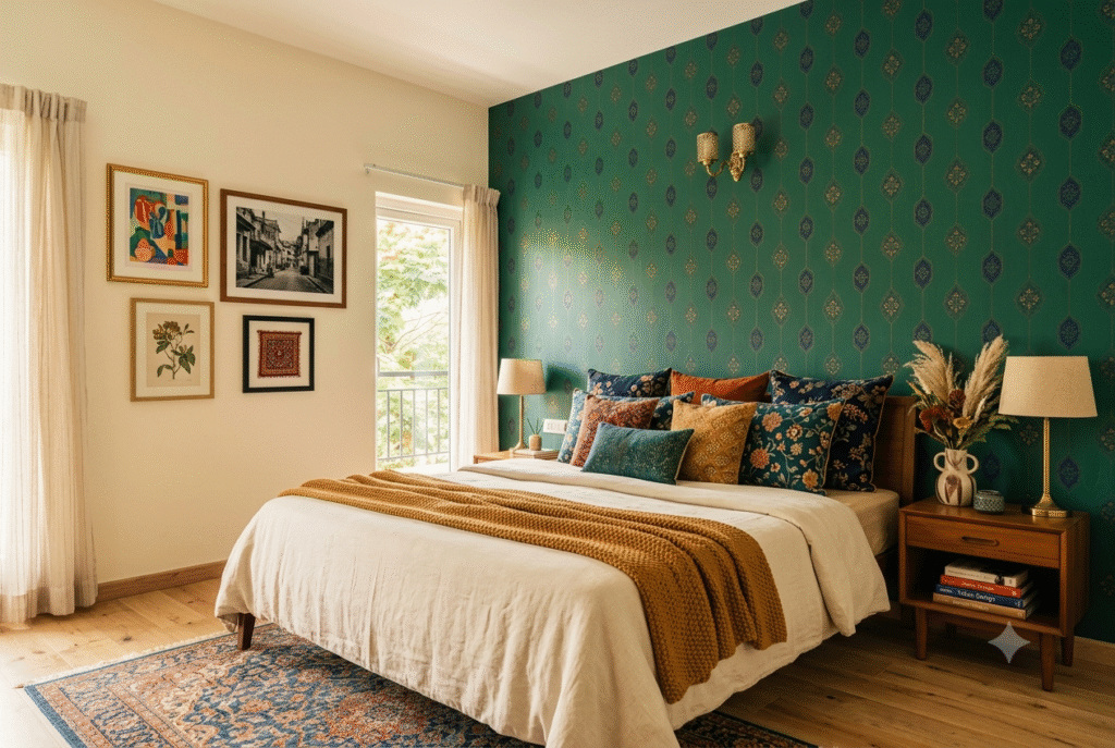 Maximalist bedroom with jewel-tone accent wall, layered textures, and curated objects