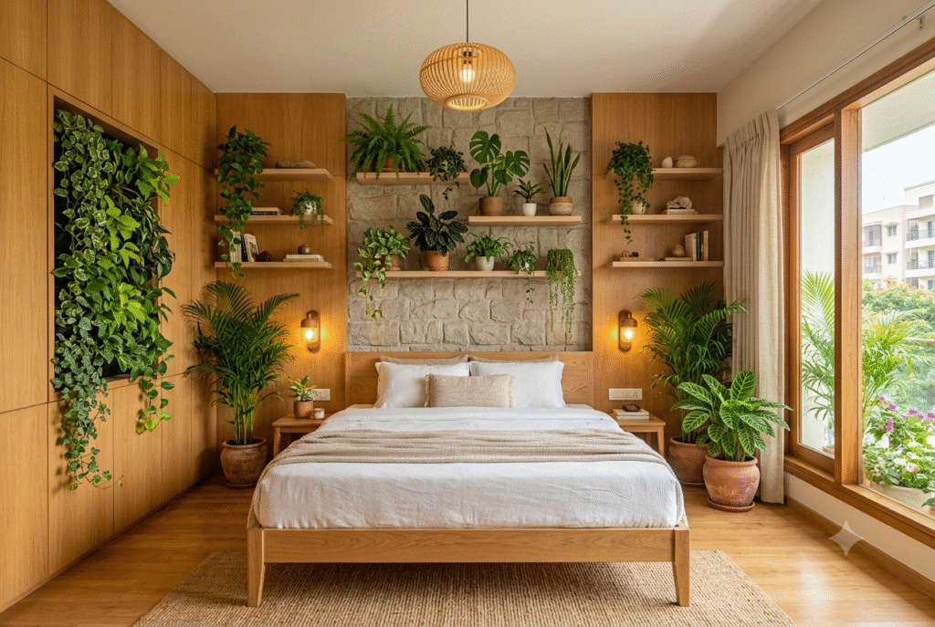 Biophilic bedroom design with integrated wood elements, stone, and live plants