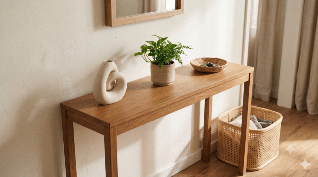 Decluttered console table with just three styled items before Diwali decorating