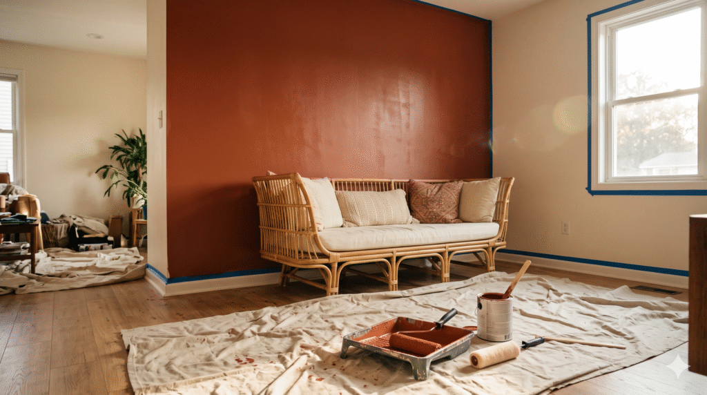 Terracotta accent wall freshly painted in a living room as a budget Diwali makeover