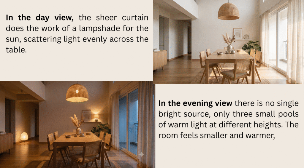 Japandi dining room shown in diffused daylight and in warm layered evening lighting.