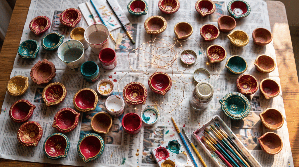 Hand-painted clay diyas drying on a table for low-cost DIY Diwali decoration
