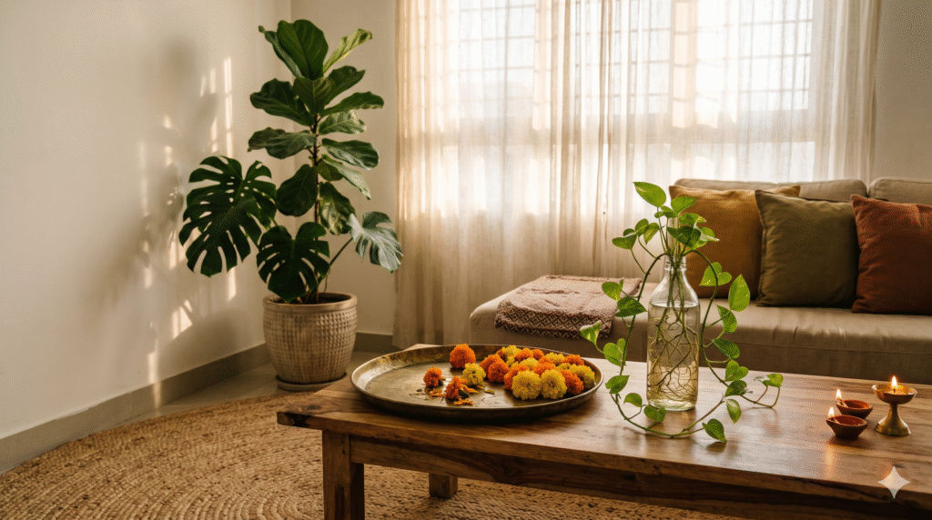Living room corner with jute rug, plants and marigolds as a Diwali hero piece upgrade