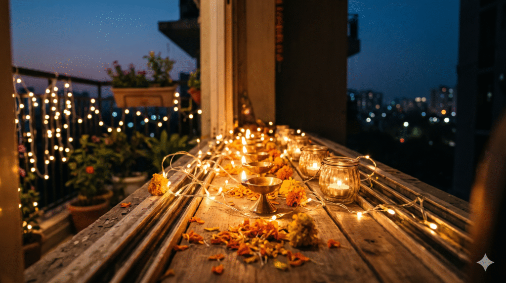 Warm fairy lights, brass diyas and lanterns on a window ledge at dusk for Diwali