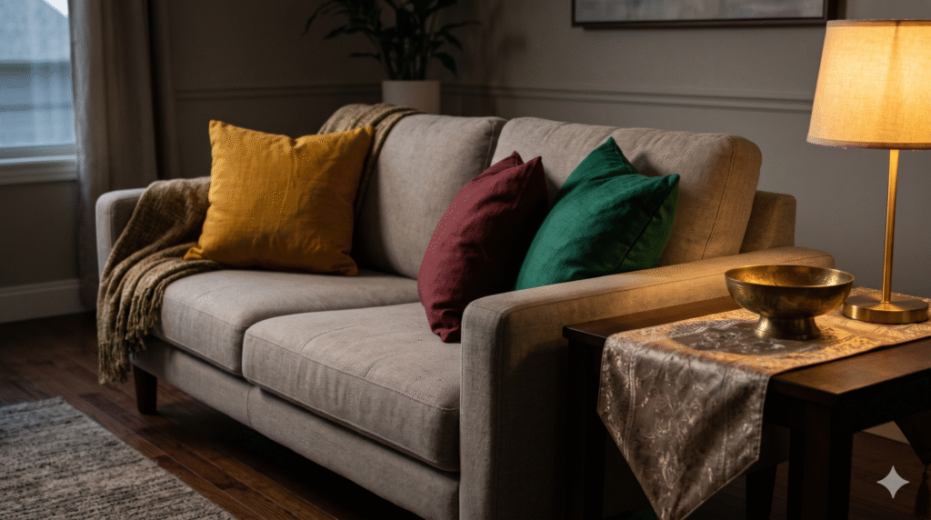Sofa styled with mustard, maroon and emerald cushion covers for a budget Diwali refresh