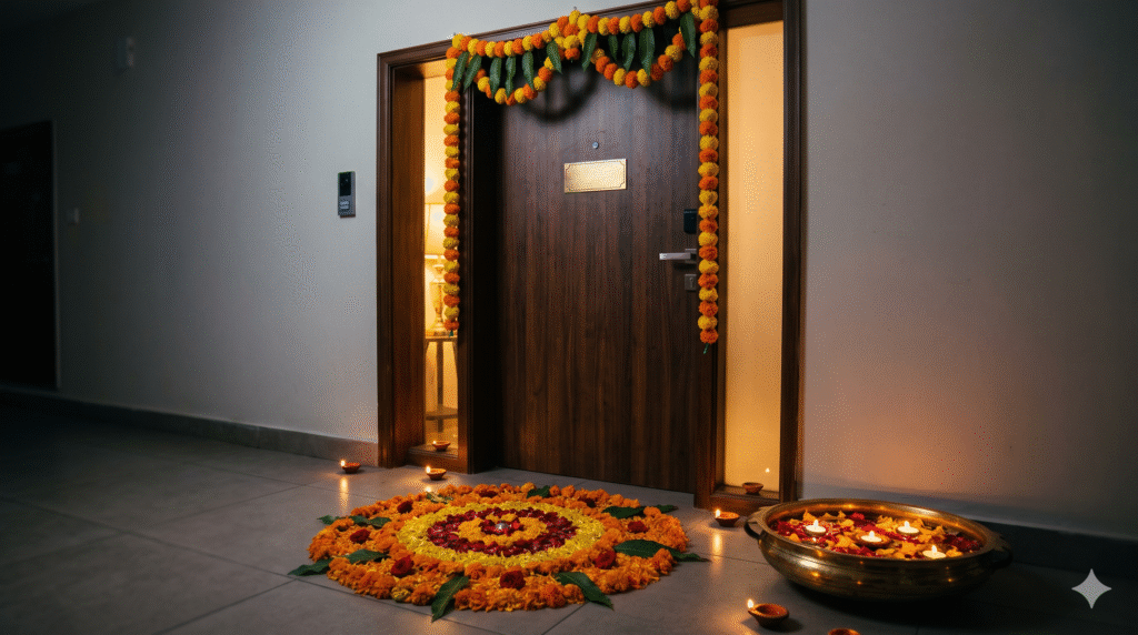 Apartment entrance decorated with marigold toran, flower rangoli and urli for Diwali