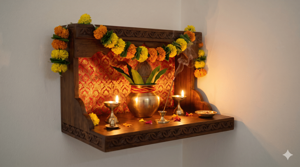 Small wall-mounted puja corner with brass lamps and flower garland for Diwali