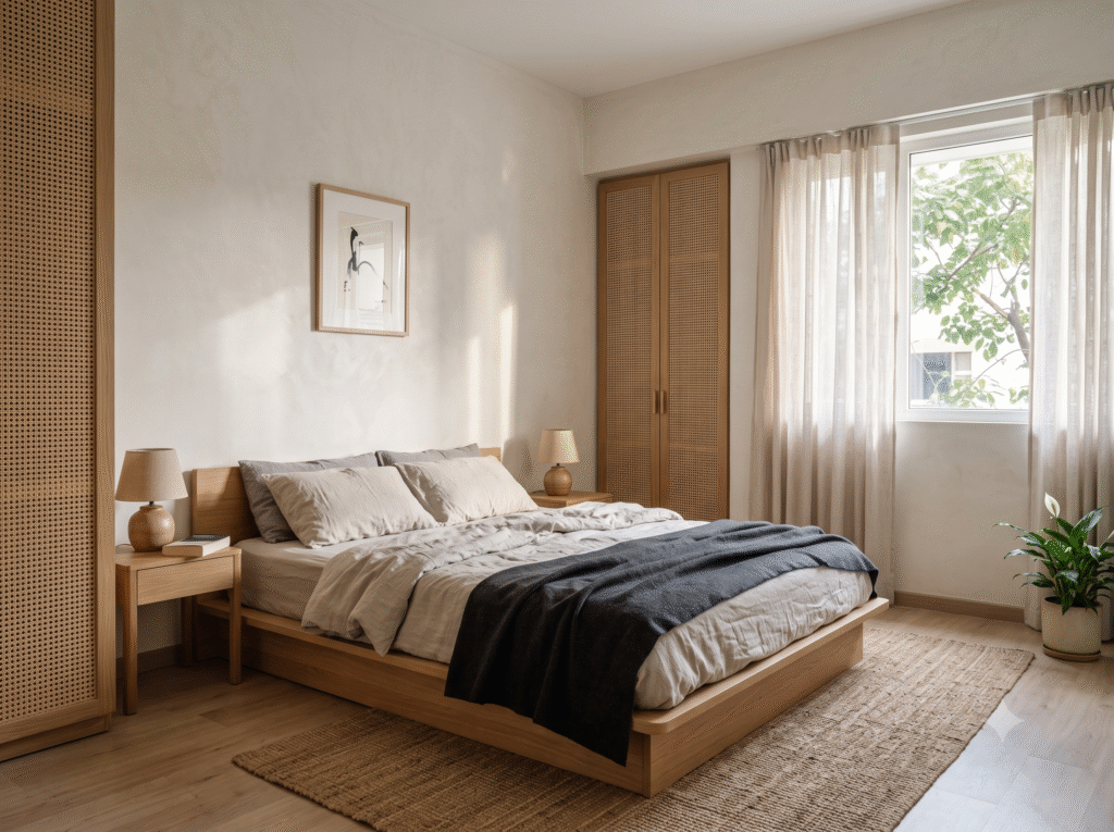 Japandi bedroom with low oak platform bed, linen bedding and cane wardrobe.