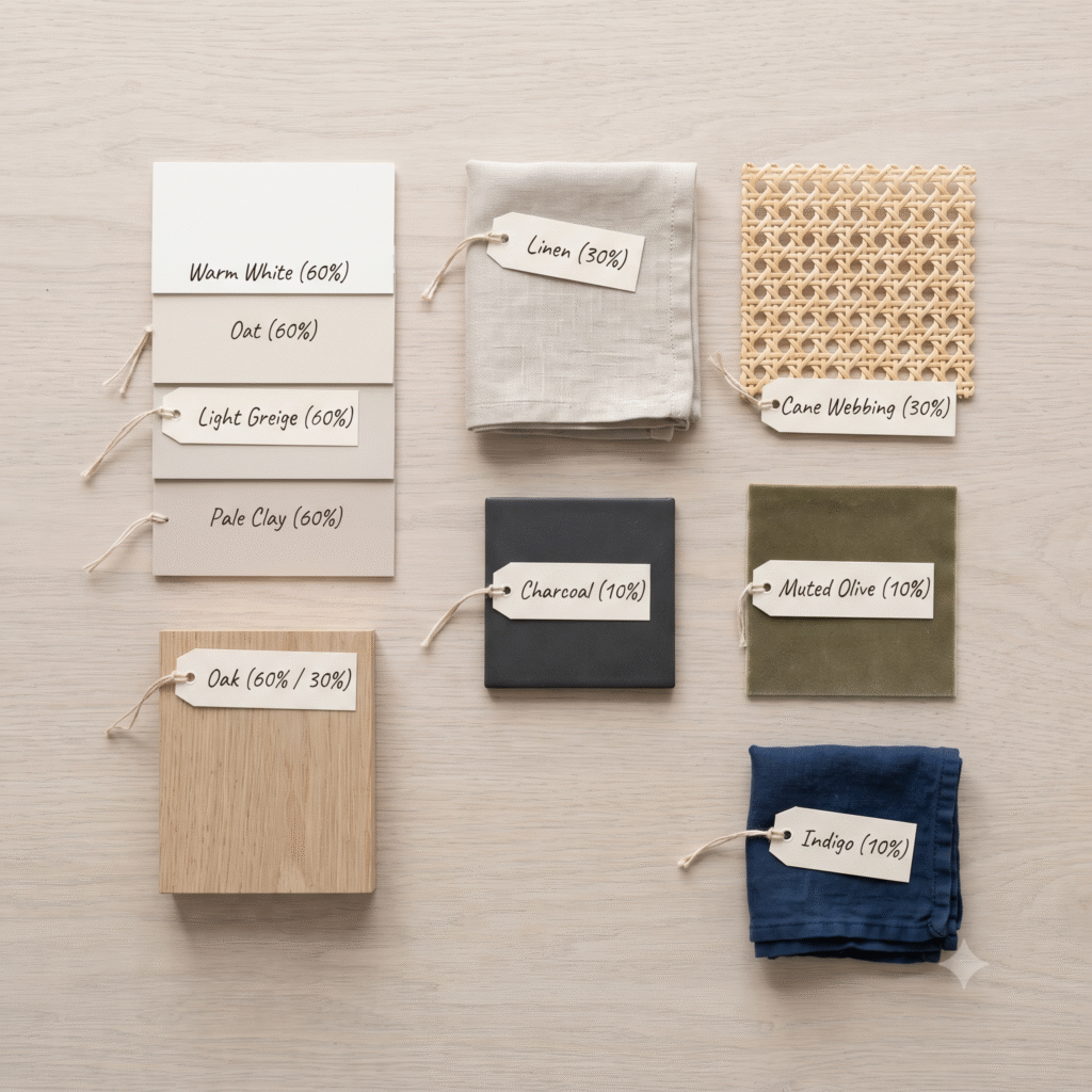 Japandi colour palette mood board showing base, body and accent tones.