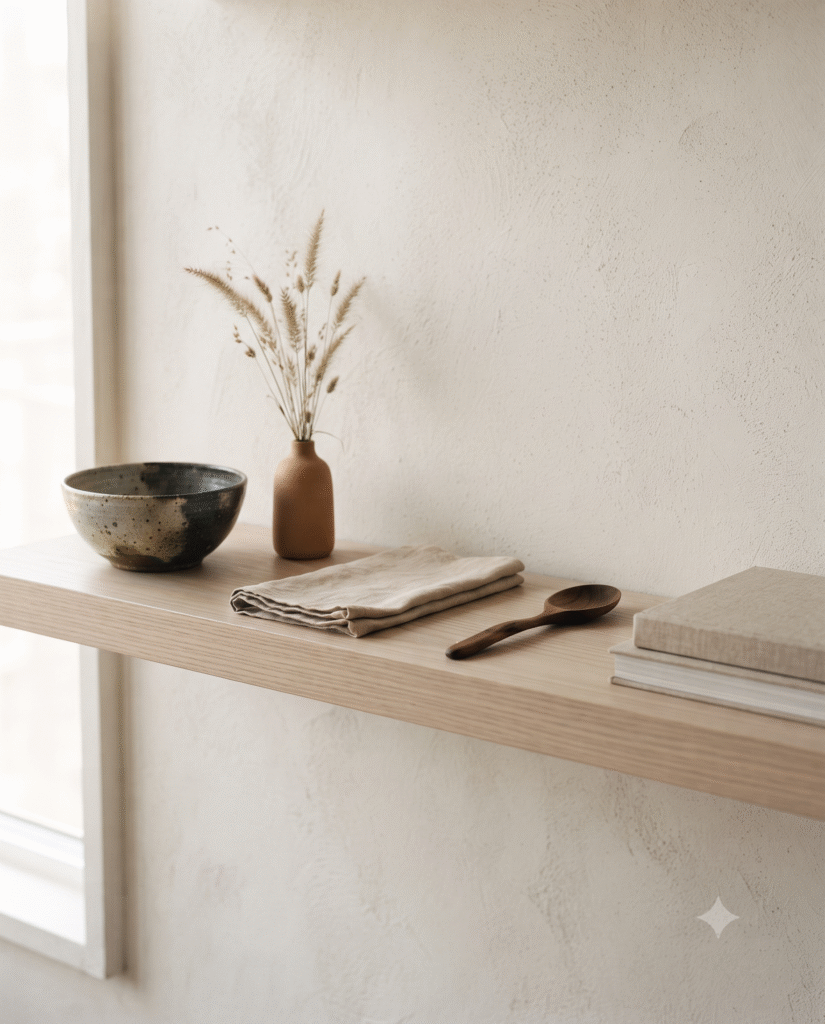 Japandi decor shelf styled with handmade ceramics and generous empty space.