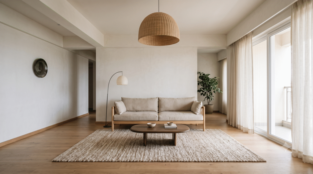 Japandi living room layout with low oak furniture and generous empty floor space.