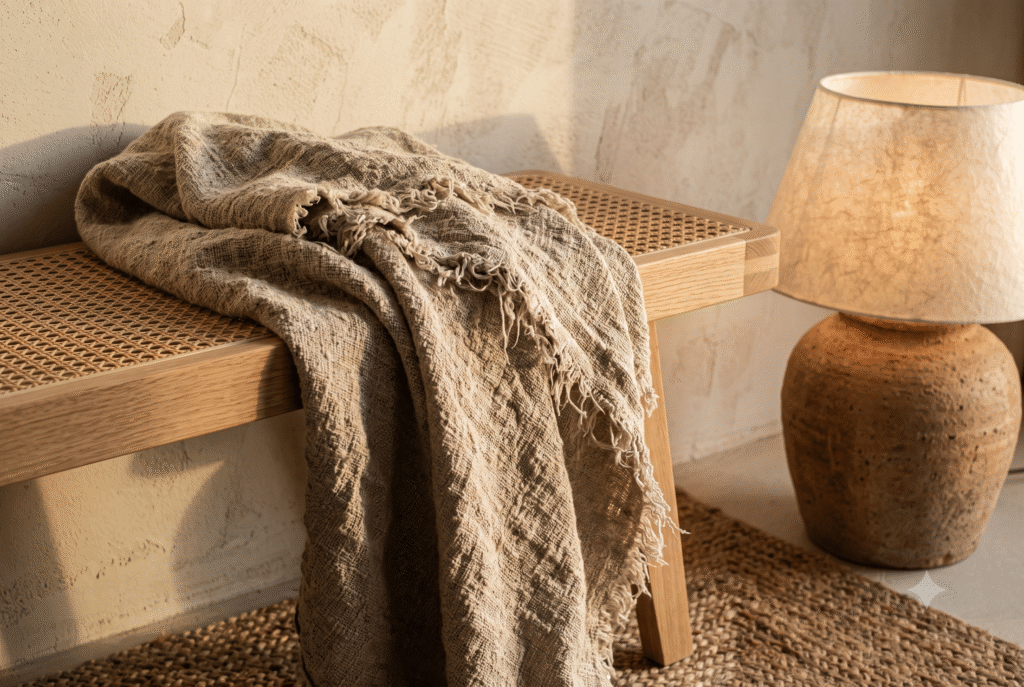 Japandi bedroom corner layering linen, cane, oak and lime plaster textures.