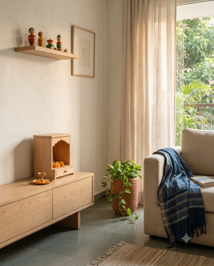 Japandi interiors in an Indian home with a wooden mandir, brass diya and handloom textiles.