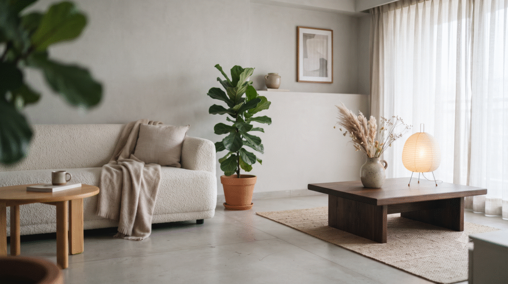 Japandi interiors living room blending pale Scandinavian oak with dark Japanese walnut.