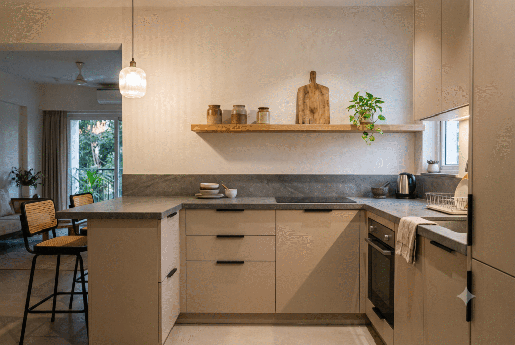 Japandi kitchen with matte oat cabinets, honed stone counter and a floating oak shelf.